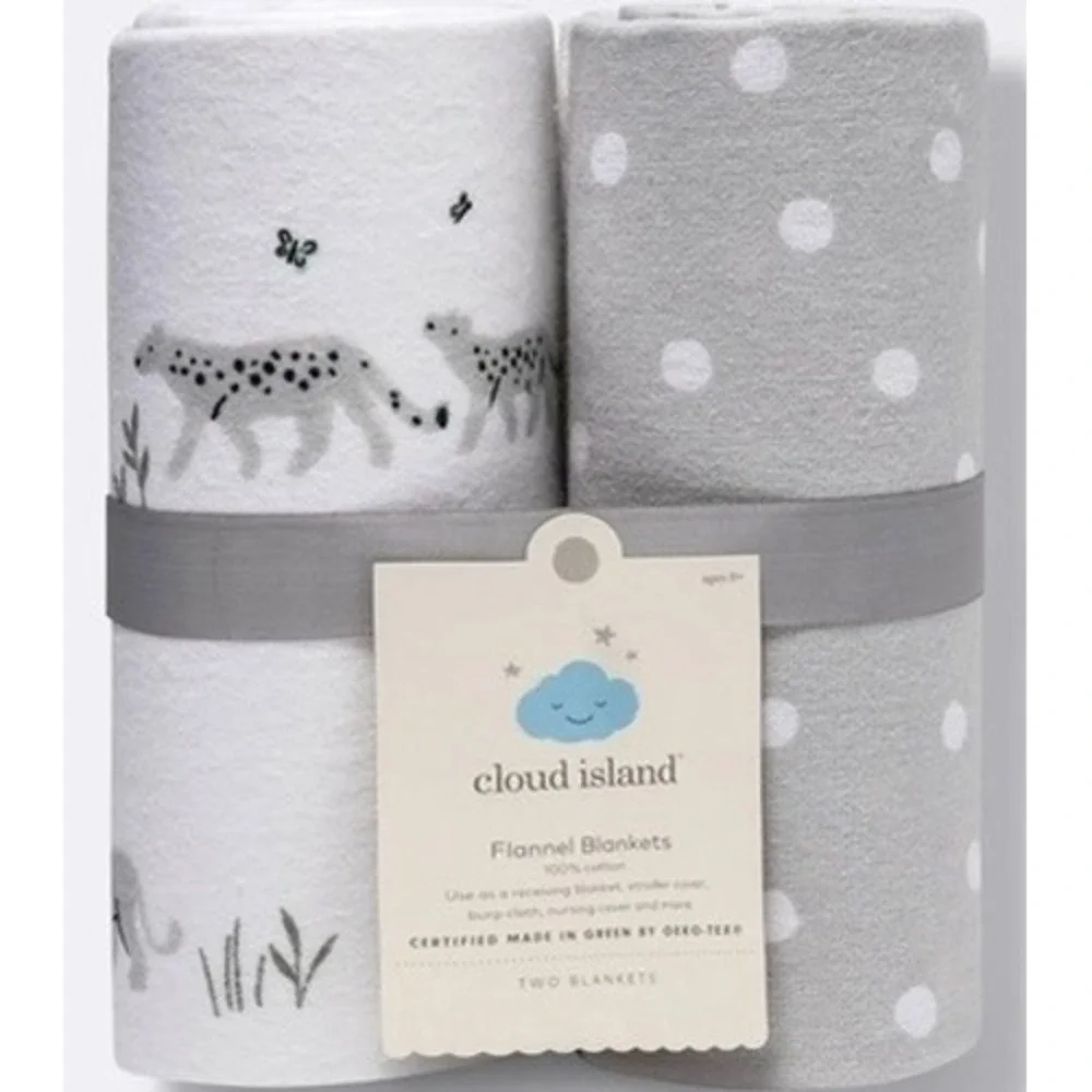 Cloud Island Flannel Blankets Baby 2pk Gray White‎ Safari Polka Dot NWT